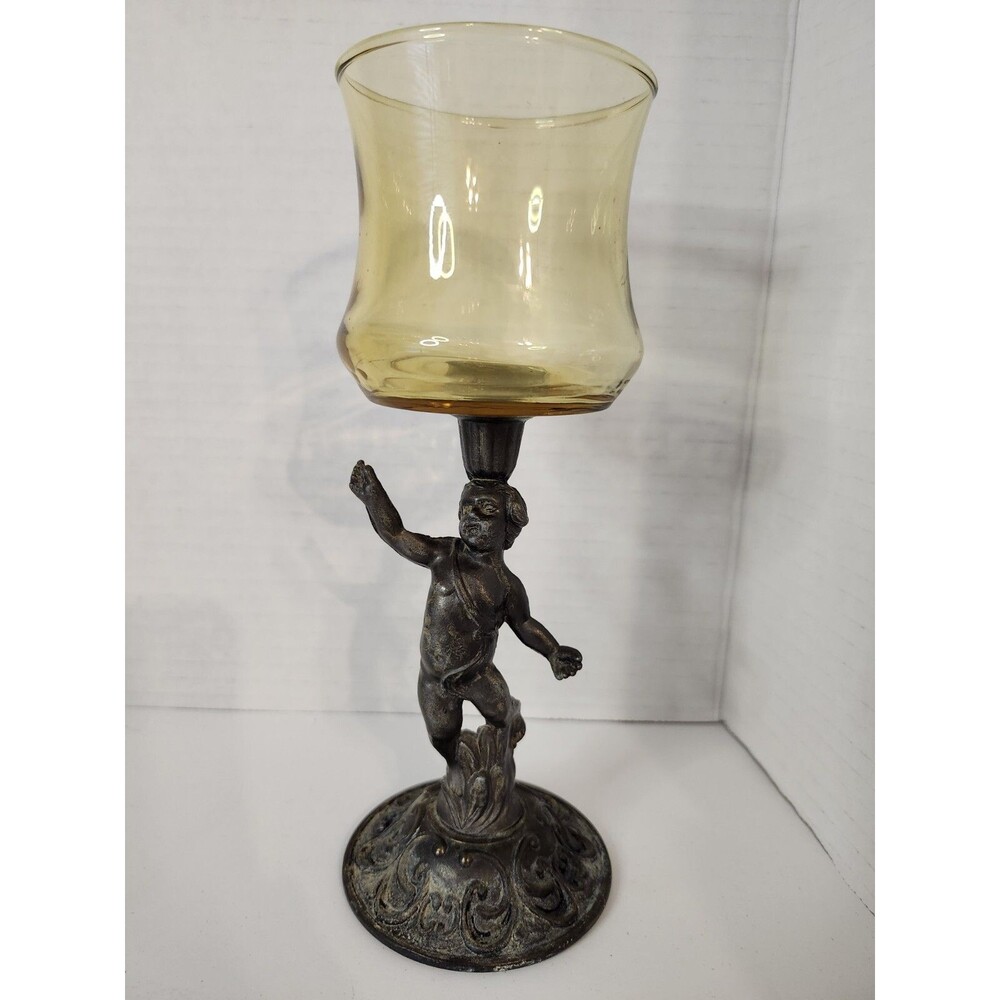 Vintage Brass Cherub Statue Candle Holder Beautiful Collectable